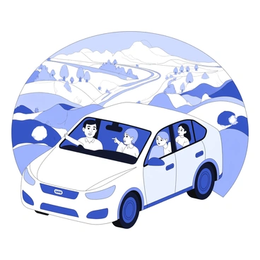 A family enjoying a road trip in an Uber car, passing by picturesque landscapes