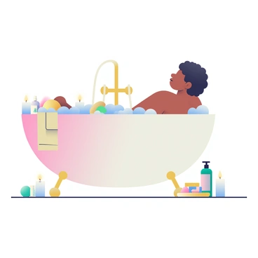 A young person with medium skin and short curly hair is relaxing in a bathtub filled with bubbles. The bathtub is white and has gold fixtures. Around the tub, there are several lit candles in varying heights, casting a warm glow. Scattered on the edge of the tub are colorful bath bombs, including pink, blue, and yellow ones. Next to the tub is a small wooden tray holding various skincare products like a bottle of serum, a jar of face cream, and a natural sponge. A soft, fluffy towel is draped over the side of the tub. The walls of the bathroom are painted in a light pastel color, creating a calming atmosphere.