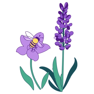A yellow bee is hovering in front of a purple bluebonnet flower. The bee has delicate, translucent wings that glisten in the sunlight. The bluebonnet is tall, with vibrant petals and green leaves surrounding its base. The bee is positioned to gather nectar from the flower's center, while a few soft petals curve gently around it. The scene captures the dynamic motion of the bee as it flits from flower to flower.