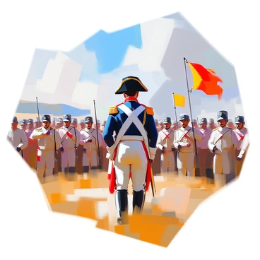 A determined Napoleon Bonaparte stands at the forefront of a large field, passionately addressing his troops. He is wearing a military uniform adorned with intricate insignia, his hat tilted slightly to one side. The expressions on the soldiers' faces reflect a mix of admiration and inspiration as they listen attentively, some saluting and others gripping their weapons tightly. In the background, flags flutter in the breeze, adding to the heroic atmosphere of the moment. The expansive field stretches behind him, with hints of distant hills under a clear blue sky.