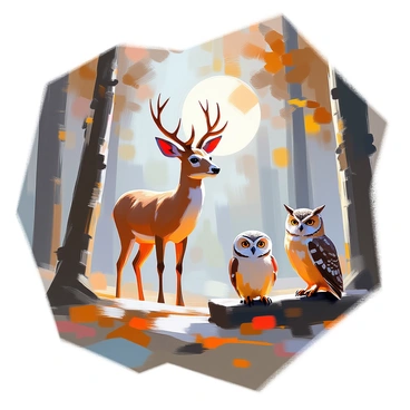 A roe deer with a sleek, tawny coat is standing gracefully among the trees in a moonlit forest. The deer has large, expressive eyes and delicate antlers. Nearby, an owl with mottled feathers is perched on a low branch, its round face turned towards the deer. The forest is filled with tall, shadowy trees, and the soft light of the moon casts gentle illumination through the leaves. The scene conveys a sense of calm as the two animals share a quiet moment together.