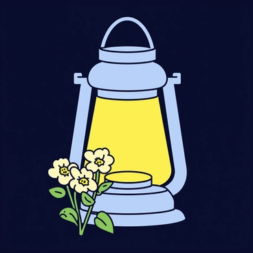 A lantern with a classic design, featuring a metal frame and a glass enclosure. The lantern emits a warm yellow light, illuminating a small cluster of evening primroses with pale yellow petals. The flowers have green stems and leaves, all delicately highlighted by the soft glow from the lantern. The background is dark, enhancing the contrast between the warm light and the night.