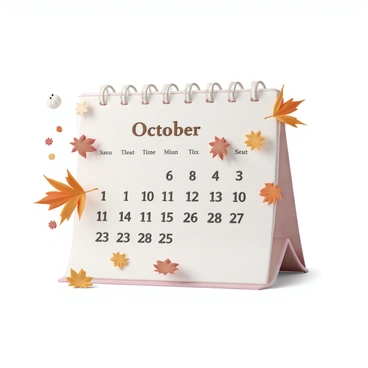 A calendar page for the month of October, prominently displaying the numbers and dates in an elegant font. Colorful autumn leaves in shades of red, orange, and yellow are falling from the edges of the page, some swirling gently in mid-air. The background has a faint texture resembling a wooden surface, adding warmth to the scene. In the top corner, there is a small illustration of a pumpkin, symbolizing the harvest season.