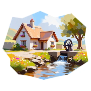 A quaint cottage with a thatched roof sits beside a gentle stream. The cottage is made of timber and stone, with small windows adorned with flower boxes filled with colorful blooms. Next to the cottage, a traditional waterwheel turns slowly in the clear water of the stream, creating ripples that reflect the surrounding greenery. Lush trees line the bank of the stream, while patches of wildflowers grow nearby, adding vibrant colors to the scene. Soft hills can be seen in the background, completing this picturesque countryside setting.