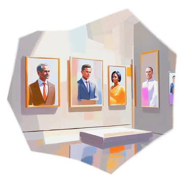 A gallery interior featuring portraits of various delegates displayed on the walls. Each portrait showcases a different delegate, highlighting their unique expressions and attire. The delegates have diverse features, including different skin tones and hairstyles. Some are wearing formal suits, while others are dressed in traditional garments. The expressions range from serious and contemplative to friendly and approachable. The background of the gallery is softly lit, enhancing the focus on each individual portrait.