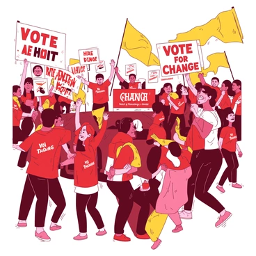 A vibrant scene at a campaign rally where a diverse group of supporters are energetically cheering for a candidate. The crowd is filled with people of various ages and backgrounds, all wearing matching red t-shirts emblazoned with the candidate's logo. Colorful flags in yellow are waving in the air, creating a dynamic atmosphere. In the foreground, a group of enthusiastic supporters is jumping and clapping, while others hold up signs that read "Vote for Change" in bold letters. The candidate is visible on a stage, smiling and waving to the crowd, surrounded by bright lights and banners. The overall scene conveys a sense of excitement and unity among the supporters.