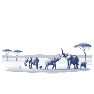 A vast safari landscape stretches across the horizon. There are several acacia trees scattered throughout the scene, characterized by their flat tops and sparse foliage. In the foreground, a group of elephants is present, one of them raising its trunk while another stands beside a young calf. The elephants exhibit various postures as they interact with the environment. The ground is composed of dry grasses, with some areas of bare earth visible. The sky above is expansive, allowing for a sense of openness in the scene.