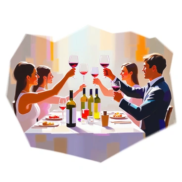 A refined wine tasting event is taking place in an elegantly decorated setting. Several participants, dressed in formal attire, are engaged in the experience. Each person is holding a wine glass filled with a rich red wine, and their glasses are raised in the air for a toast. The table is adorned with an array of wine bottles, some uncorked and others still sealed. Soft, ambient lighting highlights the tranquil atmosphere, enhancing the details of the glasses as they catch the light. The expressions on the faces of the participants are filled with joy and anticipation.