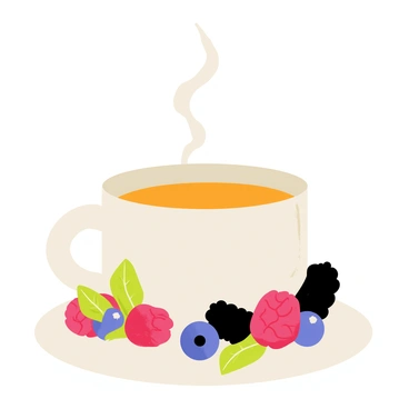 A steaming cup of "berry herbal tea" sits on a white saucer. The cup is a delicate porcelain with a floral pattern. Scattered around the saucer are "fresh berries" including vibrant red raspberries, dark blue blueberries, and some plump blackberries. A few green mint leaves are also visible, adding a touch of color to the composition. The steam rising from the cup creates a warm atmosphere, suggesting the tea is freshly brewed.