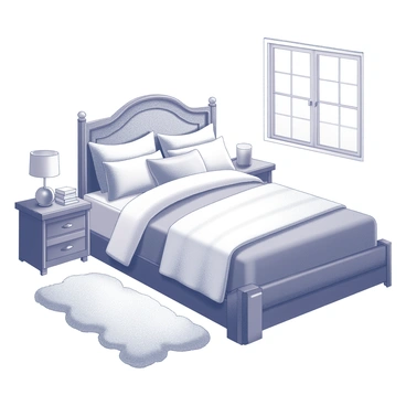 A cozy bedroom featuring a large bed with an intricately designed headboard and an assortment of soft, plush pillows arranged neatly on top. The bed is dressed with a thick comforter that drapes elegantly over the sides. A fluffy rug is positioned beside the bed, adding texture to the floor. The room has a window that allows natural light to stream in, creating a warm atmosphere. Additional elements include a bedside table with a small lamp and a stack of books resting on it, enhancing the inviting feel of the space.