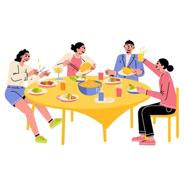 A round wooden table covered with a colorful tablecloth, filled with an assortment of diverse dishes. There are plates of pasta, salads, and a large bowl of fruit in the center. Friends, a group of four, are gathered around the table, smiling and reaching for various dishes. One person is serving spaghetti with a pair of tongs, while another is passing a plate of tacos. Glasses of drinks are scattered across the table, and a small vase with flowers adds a cheerful touch to the scene.