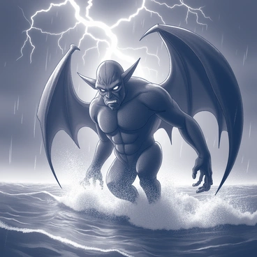 A Balrog walking across a stormy sea with lightning illuminating its form