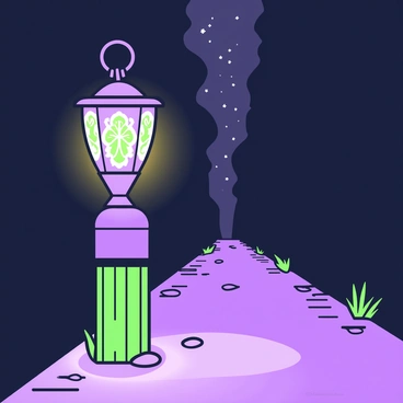 A lantern sits on a wooden post, casting light onto a dark path that disappears into the distance. The lantern features intricate designs on its surface, and the light it emits creates a warm glow that illuminates the surrounding area. On either side of the path, there are tall, shadowy trees whose silhouettes contrast with the soft light. The ground is lined with small stones, and a few patches of grass can be seen growing between them. The ambiance suggests a quiet night, with the focus on the contrast between the illuminated path and the darkness beyond.