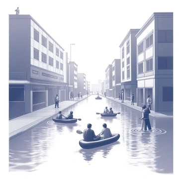 Urban streets in China submerged under floodwaters with people navigating on small rafts