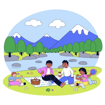 A family of four is having a picnic on a bright green blanket. The parents are seated on the blanket, with a wicker basket beside them filled with sandwiches and fruits. The two children, a boy and a girl, are playing nearby with a frisbee. The background features a clear river flowing gently, with smooth stones visible in the water. Tall mountains rise majestically behind the river, and the area is surrounded by lush green trees and colorful wildflowers. A few fluffy clouds are scattered in the blue sky above.