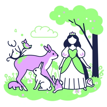 A cartoon princess with long flowing hair is standing in a fairytale forest, surrounded by various woodland creatures. She wears an elegant gown with puffed sleeves and a tiara adorned with a small gemstone. In front of her, a curious rabbit sits on its hind legs, while a family of deer watches from a distance. A colorful bird is perched on a nearby branch, singing joyfully. The trees are tall and lush, with leaves forming a canopy above, and dappled sunlight filters through the branches, illuminating the scene. On the ground, a carpet of soft moss and wildflowers adds to the enchanting atmosphere.