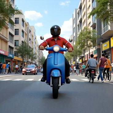 A person with medium skin tone, wearing a black helmet and a red jacket, is riding a blue Bajaj motorbike. The rider is positioned confidently on the bike, gripping the handlebars. Surrounding them is a bustling city street filled with tall buildings and a variety of colorful storefronts. There are pedestrians walking on the sidewalks, some looking at the motorbike rider, while others engage in conversations. Vehicles are visible in the background, including cars and bicycles, contributing to the lively atmosphere. The sky above is clear with a few fluffy clouds scattered.
