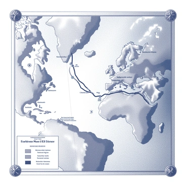 A detailed lithographic map featuring an ancient world exploration route. The map displays intricate geographical features such as mountain ranges, rivers, and coastlines. Various symbols indicate ancient port cities and trade hubs along the route. Compass roses and ornate decorations embellish the corners of the map. The exploration route itself is marked by a bold line that winds through the depicted landscapes, connecting key locations. A legend detailing map symbols is included in one corner, providing context to the features illustrated. The overall composition reflects the historical aspect of exploration with an aged appearance, suggestive of an ancient cartography style.
