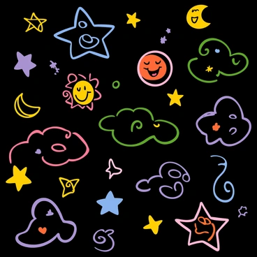 A blackboard filled with vibrant chalk drawings. The board features a variety of colorful stars in different sizes, some with swirling patterns. There are several whimsical moons, with smiling faces and unique designs. Other dreamy symbols, such as clouds and whimsical swirls, are scattered throughout the scene. The overall composition has a playful, imaginative feel, with a mix of pastel colors and bold, bright shades. The chalk is slightly smudged, adding texture to the artwork.