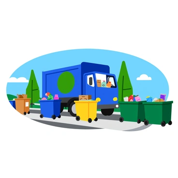 A bright blue junk truck with a large green recycling logo on the side is parked beside a row of curbside recycling bins. The truck's back is slightly open, revealing an assortment of recyclables being loaded inside. The curbside bins are various colors, including blue, yellow, and green, filled with sorted materials like plastic bottles, cardboard, and aluminum cans. The scene is set on a sunny day with a clear blue sky, and a few green trees can be seen in the background.