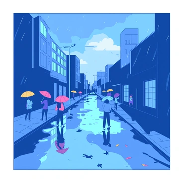 A blue street is wet with rain, showing clear reflections of the surrounding buildings and streetlights. Puddles form on the asphalt, capturing the lights in shimmering patterns. The sky above is grey with heavy clouds, adding to the moody atmosphere. People carrying colorful umbrellas walk along the sidewalk, their shadows slightly distorted by the damp surface. A few fallen leaves can be seen in the water, enhancing the details of the scene. The entire image is displayed on an 8x8 illustration board.