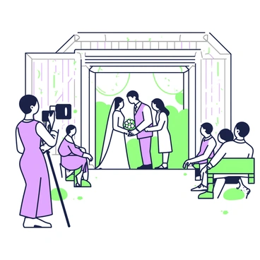 A photographer is positioned inside a rustic barn, capturing a candid moment during a wedding ceremony. The photographer is holding a camera with a long lens, focused intently on the couple exchanging vows at the altar, which is adorned with flowers and drapery. The barn's wooden beams are visible in the background, adding to the rustic charm. Guests are seated on wooden benches, some turned towards the couple, while others are watching the photographer. Soft natural light filters through the open barn doors, illuminating the scene.