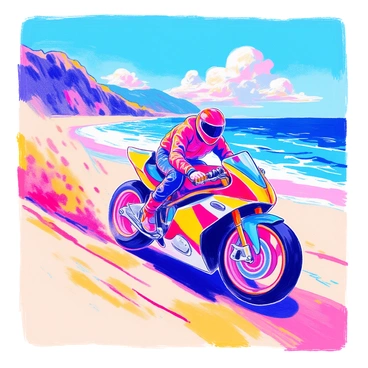 A drift biker is gliding along a sandy beach. The biker is wearing a bright red helmet and protective gear. The motorcycle has a sleek design with a bold color scheme, featuring black and silver accents. The wheels of the bike are kicking up small clouds of sand, creating a dynamic trail behind. The ocean is visible in the background, with gentle waves lapping at the shore. The sky is clear with a few fluffy clouds, enhancing the beach atmosphere. Sunlight reflects off the water, adding a shimmering effect to the scene.