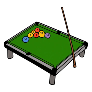 A series of colorful billiard balls arranged in a geometric pattern on a green billiard table. The balls feature vivid colors such as red, blue, yellow, and purple, each with their distinct numbered patterns. The table's surface is textured, showing the felt fabric, and the edges are visible, along with the cues leaning against the side. The lighting casts shadows on the table, enhancing the three-dimensionality of the scene.