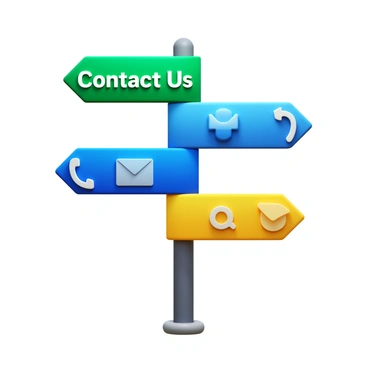 A 3D street sign labeled "Contact Us" in bold letters. The sign is mounted on a sturdy post and has arrows pointing in different directions. Each arrow indicates various contact methods, such as a telephone icon for phone calls, an envelope icon for emails, and a chat bubble icon for live chat options. The colors of the sign are vibrant, with a mix of green, blue, and yellow, making it eye-catching and clear. Shadows cast by the sign enhance the three-dimensional effect.