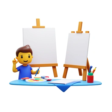 An artist standing in front of two illustration boards, one measuring "1/4" and the other measuring "1/8". The artist has a thoughtful expression on their face while holding a pencil in one hand, considering the different sizes. The "1/4" board is larger, propped up against an easel, displaying a blank canvas, while the "1/8" board lies flat on a table, also blank. Various art supplies such as brushes, paints, and a color palette are scattered around, enhancing the creative atmosphere.