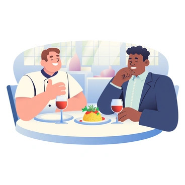 A chef with short brown hair wearing a white chef's coat is sitting at a round table in a restaurant. Across from him is a food critic with curly black hair dressed in a smart, dark blue blazer. The table is elegantly set with white tablecloth, polished silverware, and a pair of wine glasses filled with red wine. In the center of the table, there is a beautifully plated dish: a gourmet risotto topped with herbs and a drizzle of sauce. The chef is smiling and gesturing towards the dish as the food critic takes a bite, showing a look of satisfaction on his face. Behind them, the restaurant is filled with dim lighting and tasteful decor, creating a warm ambiance.