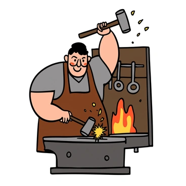 A blacksmith with tan skin and short black hair is hammering a glowing piece of metal on an anvil. His muscular arm is raised and in action, showcasing strong biceps and defined forearm muscles. He is wearing a brown leather apron over a gray shirt and has a focused expression on his face. Sparks are flying from the metal as he strikes it with a heavy hammer, and the background features tools hanging on the wall and a warm orange glow from the forge.