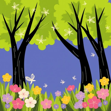 A grove with various trees displaying lush green leaves. The setting is at dusk, with a deep blue sky transitioning to purple. Small, glowing fairies with delicate wings flit between the branches, casting soft, warm light. Colorful blooming flowers in shades of pink, yellow, and purple are scattered throughout the undergrowth, adding vibrancy to the scene. The fairies are hovering near the flowers, with some gently resting on petals. The atmosphere is alive with the magical presence of the fairies among the flowers.