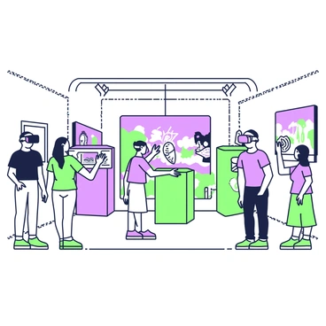 A gallery space is filled with visitors engaging with a virtual reality setup. Each visitor is wearing a sleek VR headset, fully immersed in digital art experiences. In the background, vibrant projection screens display abstract visuals and animated art pieces, creating a dynamic atmosphere. Some visitors are standing in front of a large screen, interacting with a virtual sculpture, while others are gazing in awe at a colorful landscape that appears around them. The gallery walls are lined with traditional artworks, contrasting with the modern technology of the VR stations, which are equipped with sleek, green-and-purple themed consoles.
