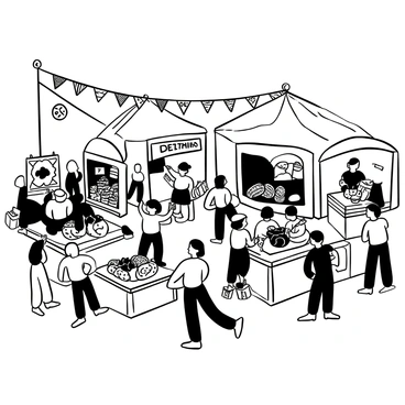 Stalls with large bretzels prominently displayed on wooden tables, each bretzel adorned with intricate patterns. Clusters of people gathering around the stalls, some pointing at the bretzels while others hold bags filled with goodies. Decorative bunting hanging overhead, creating a lively atmosphere. Several tents set up, providing shade for visitors. The ground is filled with a mix of people in casual attire, chatting and laughing, creating a sense of community and celebration.