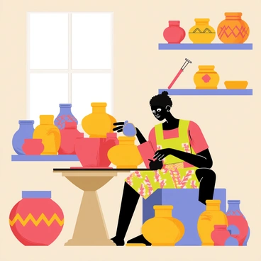 An artisan with a focused expression is seated at a potter's wheel, skillfully shaping a mound of wet clay into a traditional African pot. The artisan has dark skin and wears a brightly colored patterned cloth around their waist. Various handcrafted pots are displayed around the workspace, showcasing intricate designs and vibrant colors. The background features shelves filled with tools and other pottery pieces, creating an inviting atmosphere that highlights the artisan's craft. Natural light streams in from a window, illuminating the scene and casting gentle shadows.
