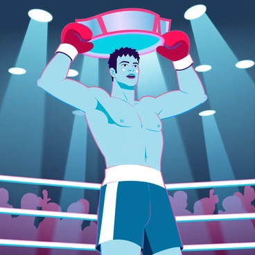 A victorious boxer holding up a championship belt in the ring