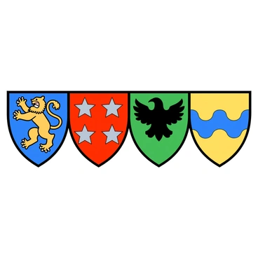 A row of vibrant heraldry shields displayed against a simple backdrop. Each shield features unique, intricate designs and symbols that represent various families or factions. The first shield is blue with a golden lion rampant, while the second is red adorned with silver stars. The third shield is green showcasing a black eagle, and the fourth is yellow with a blue wave pattern. Each shield is outlined with decorative trim and has a glossy finish, reflecting the light. The overall composition is well-organized, emphasizing the diversity of colors and symbols.