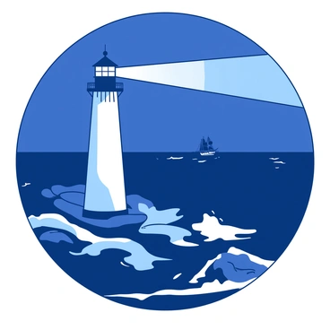 A white lighthouse stands tall on a rocky coastline, its bright light beaming across the dark blue sea. The beam of light cuts through the darkness, illuminating the waves that crash against the rocks below. In the background, there are distant silhouettes of ships navigating through the water, guided by the lighthouse's light. The sky overhead is a deep shade, contrasting with the bright beam of the lighthouse, creating a striking visual.