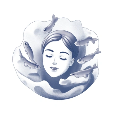 A face with a calm expression, framed by detailed line art representing waves and fish. The waves curl elegantly around the contours of the face, creating a sense of movement. Several fish swim gracefully amidst the waves, with their fins and tails intricately illustrated. The composition balances the facial features with the surrounding aquatic elements, emphasizing harmony in the design.