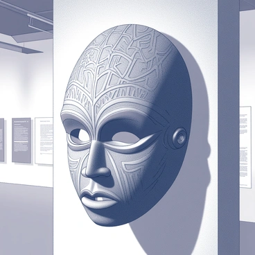 A ceremonial mask prominently displayed in a cultural exhibition. The mask features intricate "grusha" motifs that weave across its surface, showcasing detailed patterns and textures. It is suspended against a neutral backdrop, allowing for a clear view of its craftsmanship. The exhibition space is well-lit, highlighting the mask's contours and the depth of its designs. There are informational plaques nearby that provide context for the mask's cultural significance.