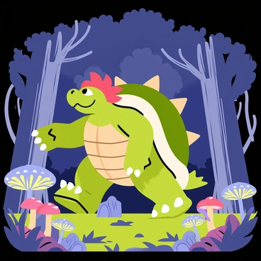 Bowser, a large turtle-like creature with spiky green shell and red hair, is wandering through a mystical forest. The forest is filled with tall, vibrant trees with twisted branches. Bioluminescent mushrooms in various colors, such as blue, purple, and pink, emit a soft glow, illuminating the surroundings. Bowser's expression is curious as he navigates through the underbrush, stepping over roots and rocks. The forest floor is covered in lush green grass and scattered leaves, creating a rich tapestry of nature. In the background, faint silhouettes of magical creatures can be seen peeking from behind trees, adding to the enchanting atmosphere of the scene.