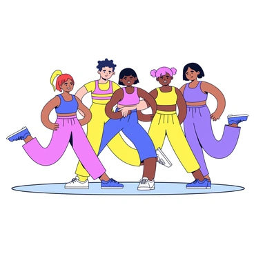 A fitness class consisting of five individuals performing synchronized heel slides. Each person is wearing brightly colored workout clothing. The individuals are arranged in a semi-circle, facing forward. They have varying hairstyles and body types, showcasing diversity. The floor beneath them is a light-colored surface, enhancing the visibility of their movements. All participants have focused expressions, demonstrating concentration as they slide their heels along the floor in perfect unison.