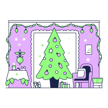 A room is decorated for the holiday season with a variety of ornaments. The walls are adorned with garlands featuring alternating patterns, while the ceiling is draped with strings of lights. In the center, a large tree stands, covered in an assortment of ornaments that feature a pied theme, including shapes like stars and hearts. Around the room, there are festive decorations, including a table set with a colorful tablecloth, and candles placed in decorative holders. A cozy chair is positioned near the tree, with a small pile of wrapped gifts scattered on the floor nearby.