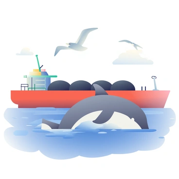 A curious dolphin with a sleek gray body and a white underbelly is swimming alongside a slowly moving fuel barge. The dolphin’s dorsal fin slices through the water as it leaps playfully just next to the barge. The fuel barge is large and has a rust-colored hull with several black tanks on top. The water is a deep blue, with gentle ripples reflecting sunlight. Several seagulls are flying overhead, their wings outstretched against a clear sky. The scene captures the interaction between the dolphin and the barge in a tranquil maritime environment.