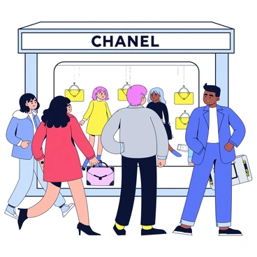 A group of three shoppers standing in front of a Chanel store window. Two of the shoppers are women, one wearing a red dress and the other in a stylish blue coat, while the third shopper, a man, is dressed in a casual gray jacket. They are all gazing intently at the window display, which is illuminated with bright lights showcasing elegant handbags and chic clothing. The background features a bustling city street with blurred silhouettes of other pedestrians.
