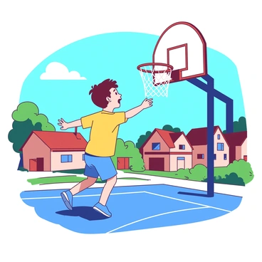 A young child with short brown hair is enthusiastically shooting hoops on a basketball court surrounded by houses. The child is wearing a bright yellow t-shirt and blue shorts. In the background, there is a clear blue sky with a few fluffy white clouds. The basketball hoop is positioned at the standard height, and the child is jumping slightly off the ground as they release the ball. Sunlight casts soft shadows on the court, highlighting the vibrant colors of the scene.
