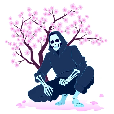 A stealthy skeleton dressed as a ninja, hiding behind a cherry blossom tree.