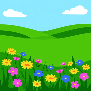 A vast field filled with various wildflowers in vibrant colors, including bright yellow daisies, deep blue cornflowers, and soft pink clovers. Each flower is depicted with distinct shapes and details, creating a lively and colorful scene. The flowers are shown swaying gently in the breeze, with some petals lifted slightly as if dancing. In the background, rolling green hills can be seen, adding depth to the landscape. A clear blue sky with fluffy white clouds enhances the overall brightness of the image.