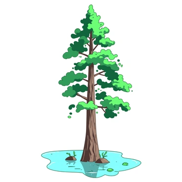A tall bald cypress tree stands gracefully at the edge of a calm body of water. Its trunk is thick and textured, displaying the characteristic knobby knees rising above the surface, partially submerged. The knees are irregularly shaped, creating an interesting silhouette against the water. The tree's lush green leaves create a vibrant contrast against the serene backdrop, with some leaves gently reflecting on the surface of the water. The scene is tranquil, emphasizing the unique features of the bald cypress tree amidst its natural setting.